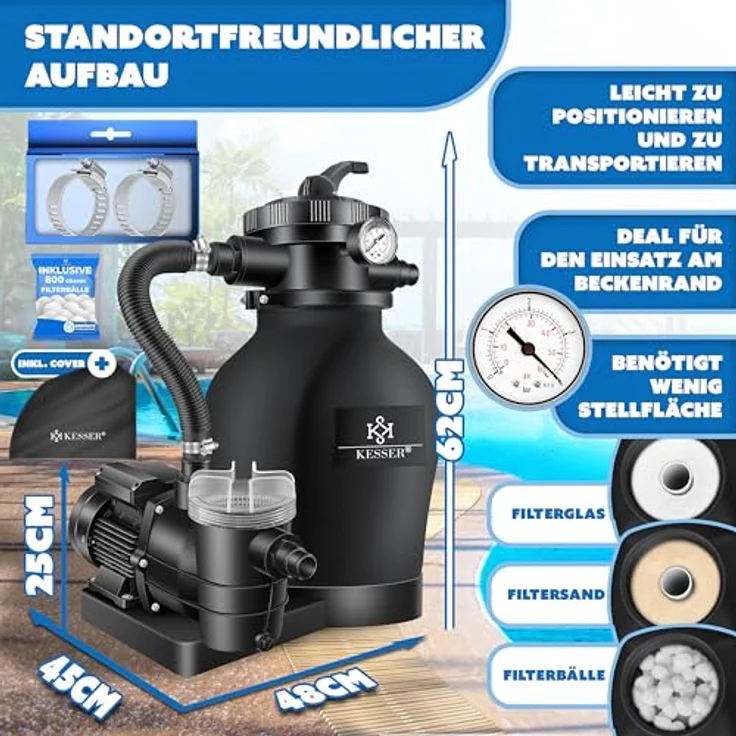 KESSER Sandfilteranlage Sandfilter + 700g Filterbälle ersetzen 25kg Filtersand 7-Wege Ventil mit Druckanzeige Poolfilter 10 m³-h Filteranlage Filterkessel für Pool Schwimmbecken 10.200 L-h Schwarz – Bild 3