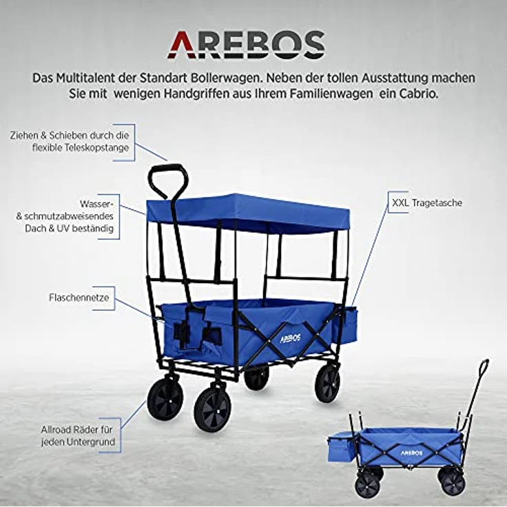 Arebos Bollerwagen faltbar mit Dach, Transportwagen bis 70 kg Tragkraft, inkl. 2 Netztaschen, 360° Vollgummireifen, Blau – Bild 2