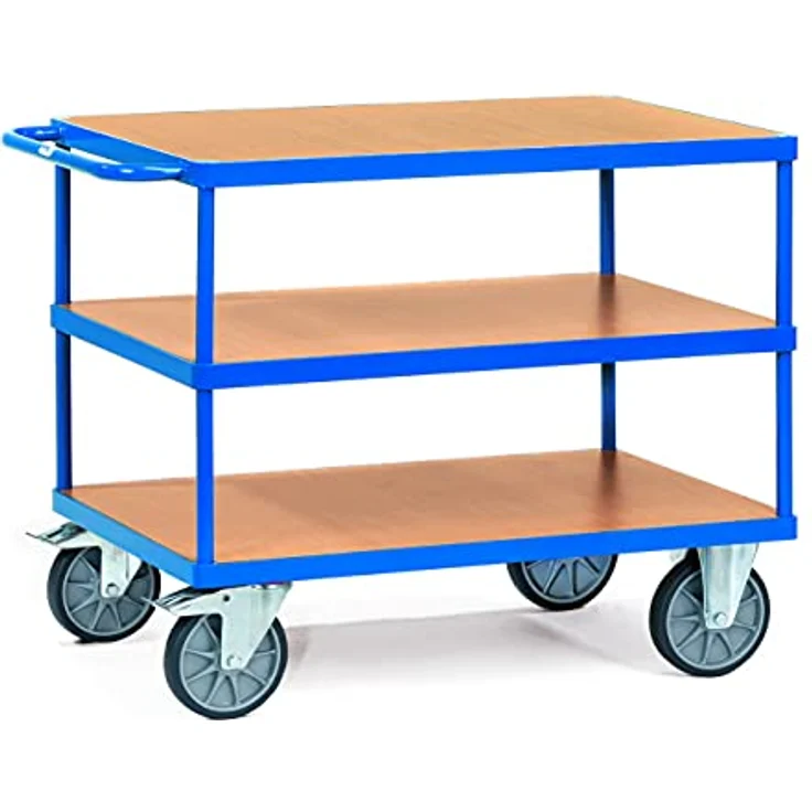 FETRA Tischwagen, 3 Plattformen aus Holz, Tragkraft 600 kg, pulverbeschichtet RAL 5007, Ladefläche 1000 x 600 mm – Bild 2