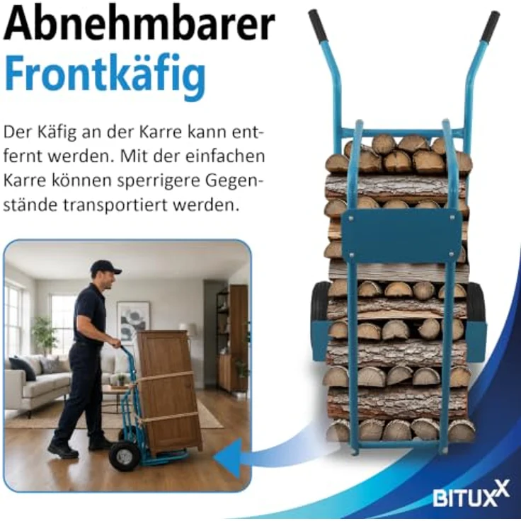 Bituxx Sackkarre Brennholzkarre (MS-15908) mit Transportkäfig, Stahlrahmen, blau, Tragkraft 100 kg, Luftbereifung – Bild 4