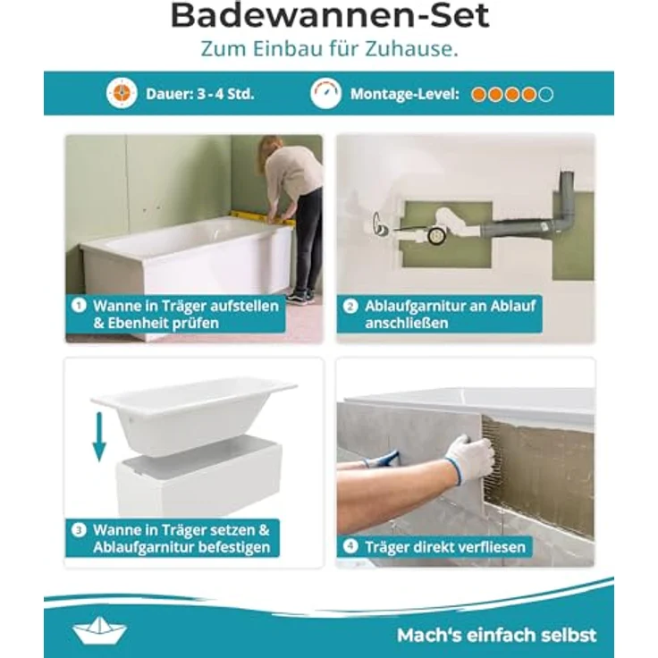 Calmwaters® Badewanne Komplettset 180x80 cm mit Wannenträger & Ablaufgarnitur, Original Rechteck Badewanne 180 x 80 cm, Weiß – Bild 2