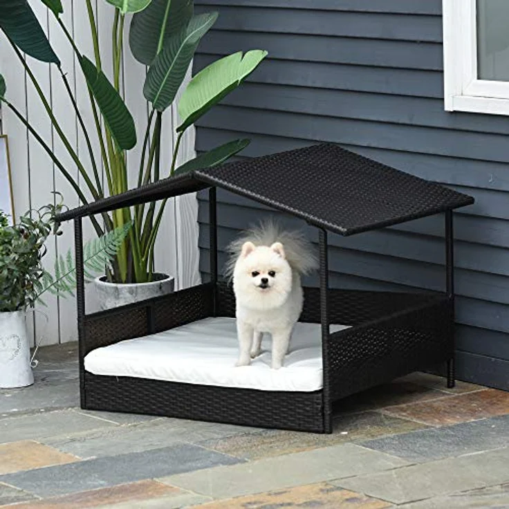 PawHut Rattan Hundehaus mit Kissen, Hundebett im Hausform, Outdoor Hundehütte, Stahlrahmen, PP, Kaffee-Braun, 69 x 98 x 70 cm – Bild 2