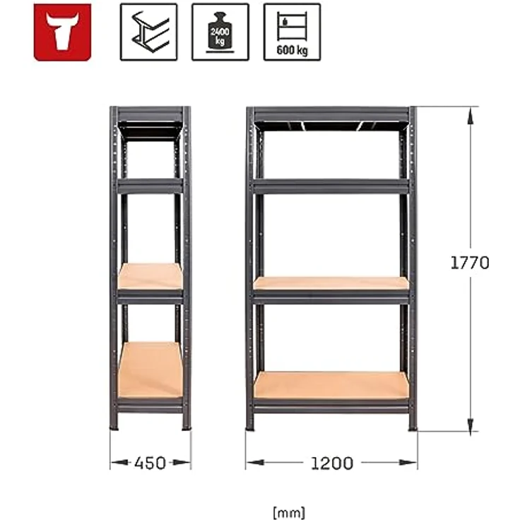 STIER Schwerlast-Fachbodenregal, maximale Fachlast 600kg, HxBxT 1770x1200x450 mm, stabiles Stahlgestell, einfach zu montieren, grau – Bild 2