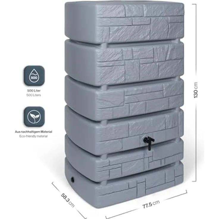 Kreher XXL Wassertonne Tower Stone in Grau, 500 Liter Nutzungsvolumen mit Wasserhahn und Füllautomat – Bild 3
