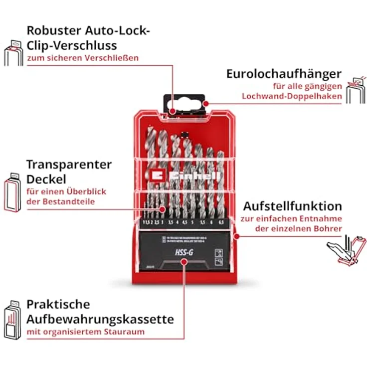 Einhell 19-tlg. HSS-G Metallbohrer-Set, präzise 135° Split Point Spitzen, Aufbewahrungskassette mit Aufstellfunktion – Bild 3