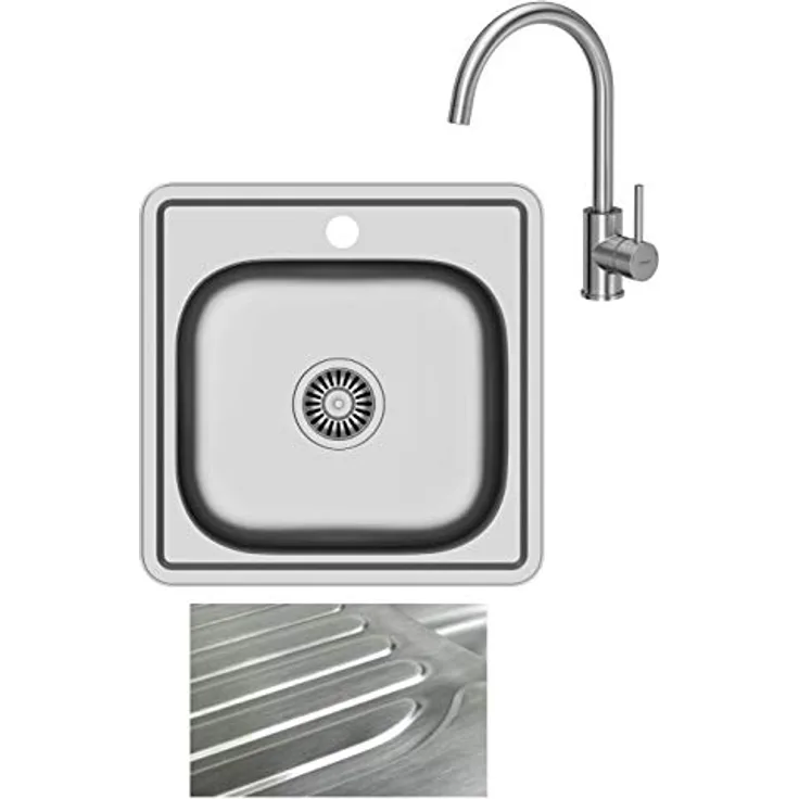 VBChome Einbauspüle mit Armatur 48x48 Satinstruktur ab 45er Unterschrank Edelstahl Küchenspüle mit Abtropffläche und eckiger Ablagefläche, Inox Wasserhahn