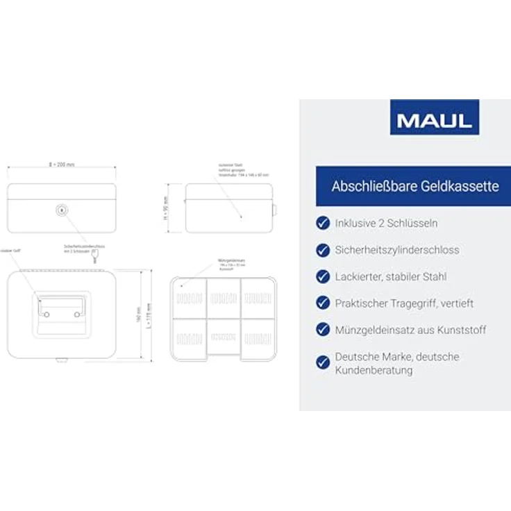 Maul Geldkassette 2, Weiß, Herausnehmbarer Hartgeldeinsatz, 200 x 90 x 170 mm, 5610202, 1 Stück – Bild 5