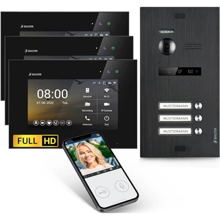 Balter EVO HD Video-Türsprechanlage für Dreifamilienhaus, Komplettset mit 3 Monitorsystem, Full HD Kamera und Smartphone App, Schwarz – Bild 1