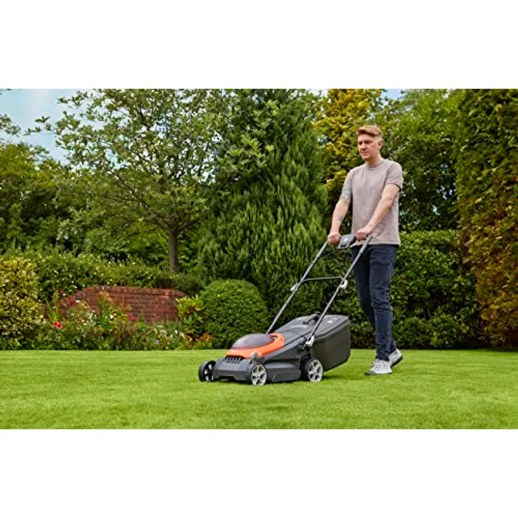 Flymo UltraStore 380R Li Akku-Rasenmäher-Set, 36 V, 38 cm Schnittbreite, geschlossener Kantenschneiden, hintere Rolle, 45 l, Comfort Grip, Power 4 All Battery Alliance, 970538901, orange und grau – Bild 3