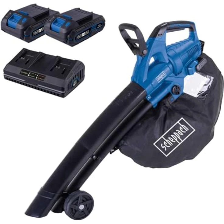 Scheppach BC-BLV720-X Akku Laubbläser Laubsauger mit 4in1-Funktion, 210 km/h, 720 m3/h, Häckselfunktion, 45L Fangsack, inkl. 2x 2Ah Akku & Doppelladegerät – Bild 1