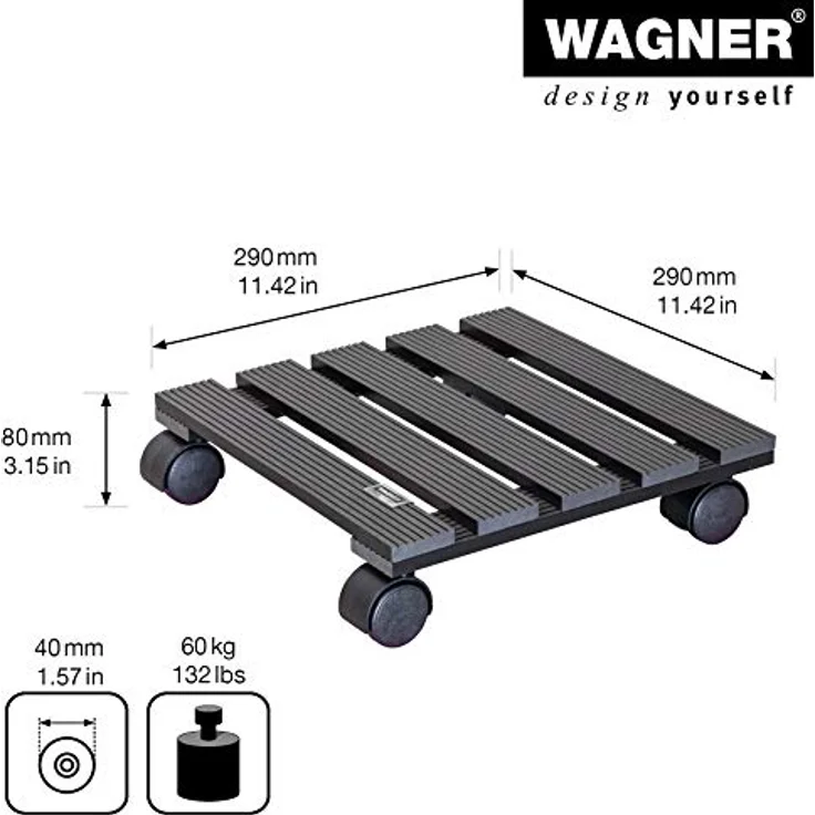 WAGNER Pflanzenroller WPC 29 x 29 cm I Pflanzenroller & Blumenroller für Außenbereich + Innenbereich, anthrazit I Kübelroller aus WPC (Wood Plastic Composite) I Tragkraft 60 kg ? 20050001 – Bild 4