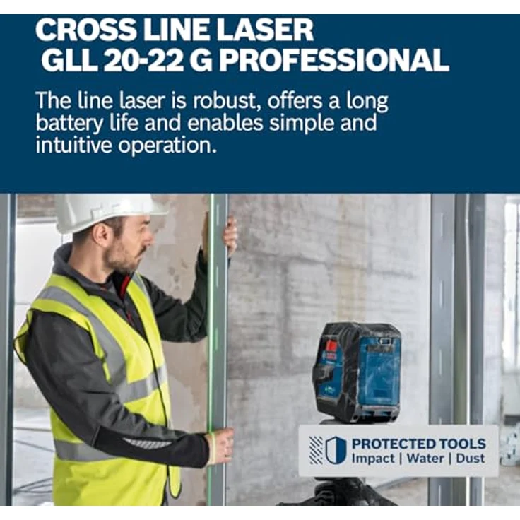 Bosch Professional Linienlaser GLL 20-22 G, Dual Power Source, grüner Laser, IP65, mit Akku und Batterien, inkl. Baustativ und Universalhalter – Bild 3
