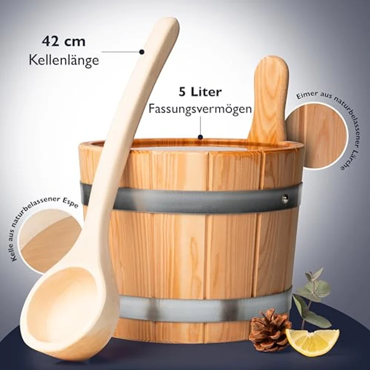 Liebenstein Sauna-Aufgussset 4-teilig, hochwertiges Sauna Zubehör Set mit Saunaeimer, Bio-Aufgüsse in Orange, Zitrone und Ingwer, Sanduhr & Hygrometer/Thermometer – Bild 2