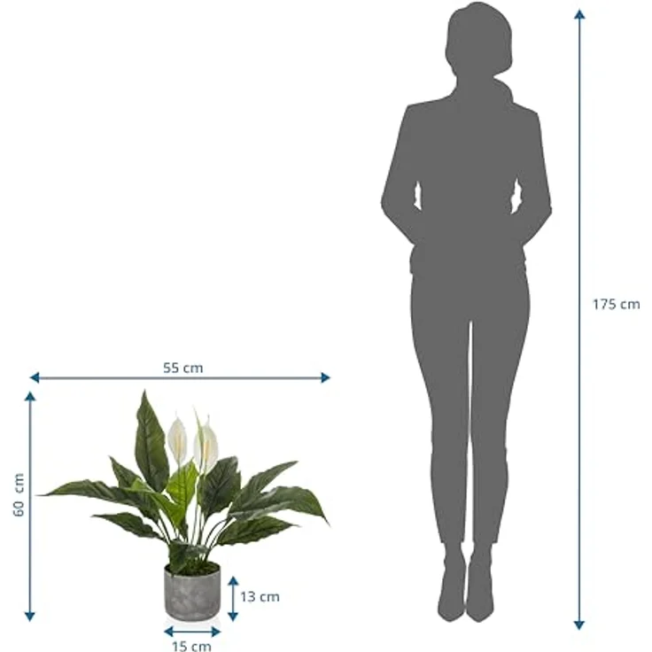 hjh OFFICE Kunstpflanze Spathiphyllum 1 – 60 cm, pflegeleicht und geruchslos mit weißen Blüten, Kunststoff-Topf in Steinoptik – Bild 3