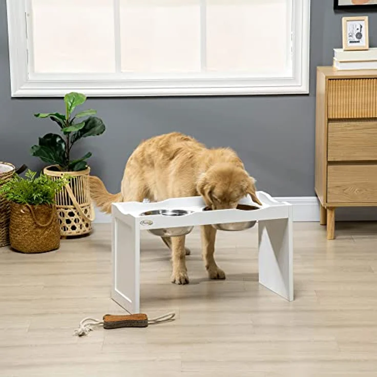 PawHut Erhöhter Hundenapf, Futternapf mit erhöhtem Rand, 2 x 2L abnehmbare Hundenapf aus Edelstahl, Fressnapf für sehr grpße Hunde, Futterstation, Weiß – Bild 2