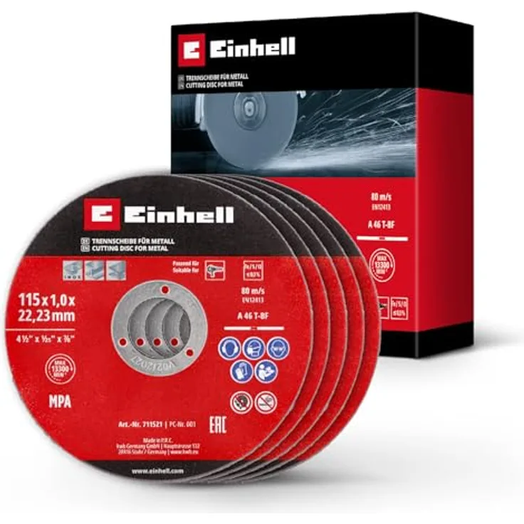 Einhell 5-tlg. Dünntrennscheiben-Set für Metall, Ø 115 mm, MPA-zertifiziert, hohe Lebensdauer, präzise, gratarme Schnitte für Winkelschleifer