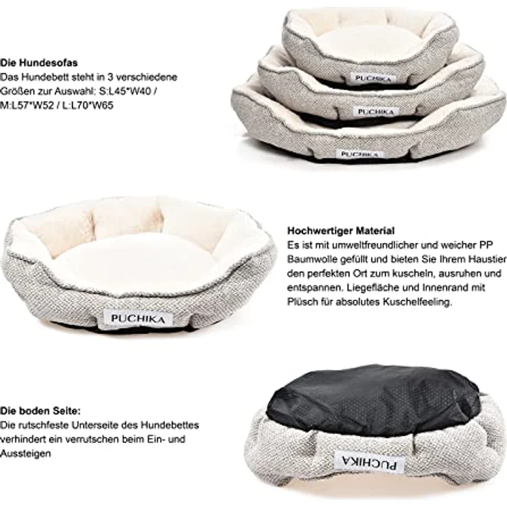 PUCHIKA Hundebett kleine Hunde, Hundebett waschbar, Hundebett Grosse Hunde, Hundekissen flauschig, Hundesofa waschbar, Haustierbett rutschfest, L x W (70 x 65) cm, Weißgrau – Bild 4
