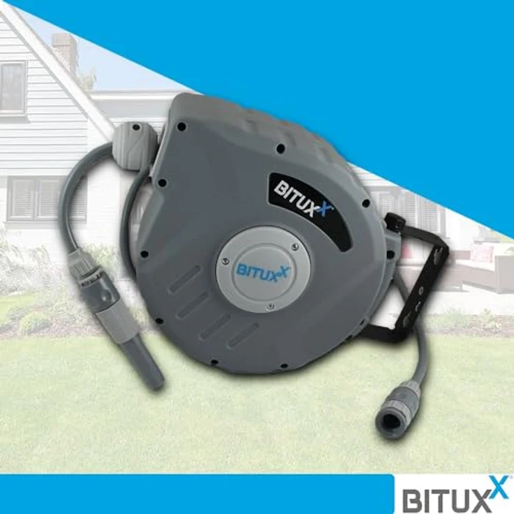 Bituxx Wand Wasser Schlauchtrommel, Automatik Schlauchaufroller mit 10 m Wasserschlauch, inkl. Spritzdüse und Montagematerial – Bild 2