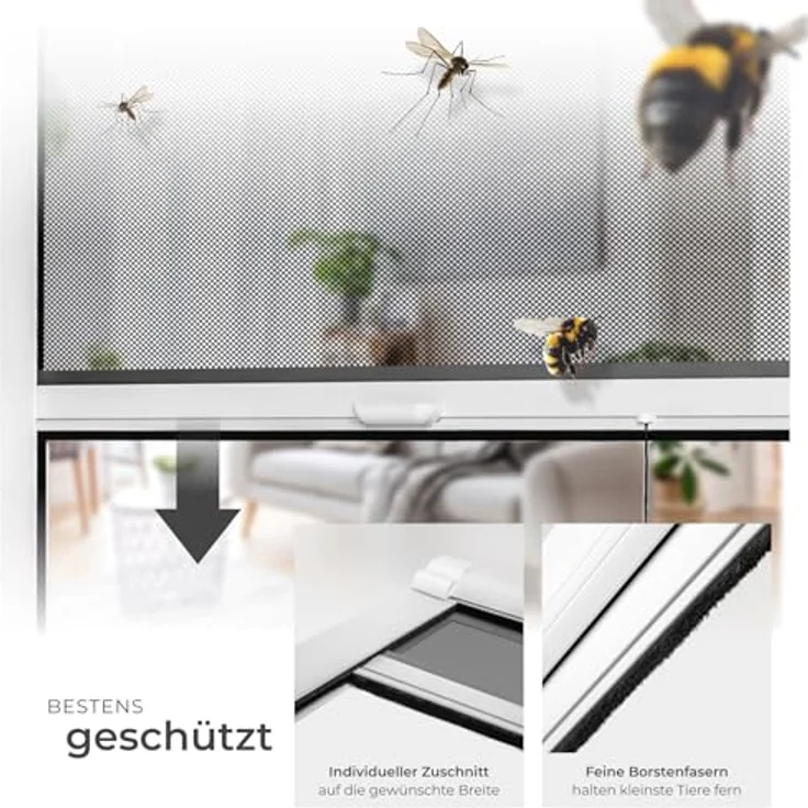 tectake Insektenschutz-Fensterrahmen Insektenschutzrollo, Aluminium, 130x160 cm, weißer Rahmen, schwarzes Moskitonetz – Bild 3