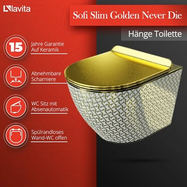 LAVITA Wand-WC Sofi Slim Golden Never Die | Hänge Toilette mit Colordeckel & Absenkautomatik | Spülrandlos & Umweltfreundlich | Gold/Weiß – Bild 2