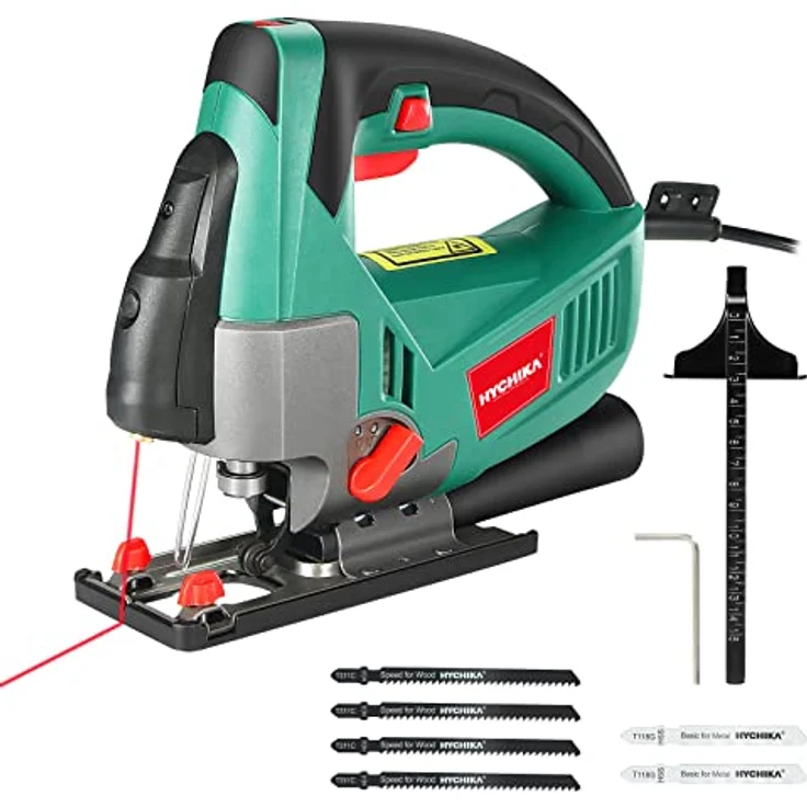 Stichsäge, 750W Max Holz Schnitttiefe 110mm, 800-3000SPM HYCHIKA Elektrische Stichsäge mit Laser, 6 Variable Geschwindigkeiten und 0-3 Orbital Position, 6 Blätter, Fasenschneiden: -45 °bis 45 – Bild 1