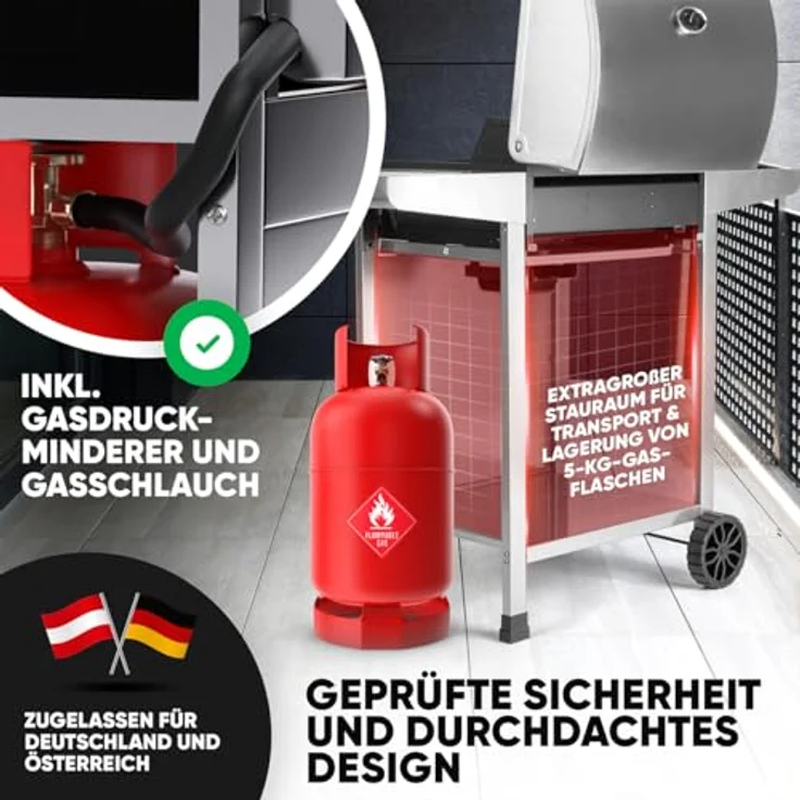 ProfiCook® Gasgrill PC GG 1309, für Temperaturen bis zu 350°C, 2 Brenner, gusseiserne Grillroste, silber, inkl. Gasdruckminderer und Schlauch, klein, 2 Ablagen – Bild 5