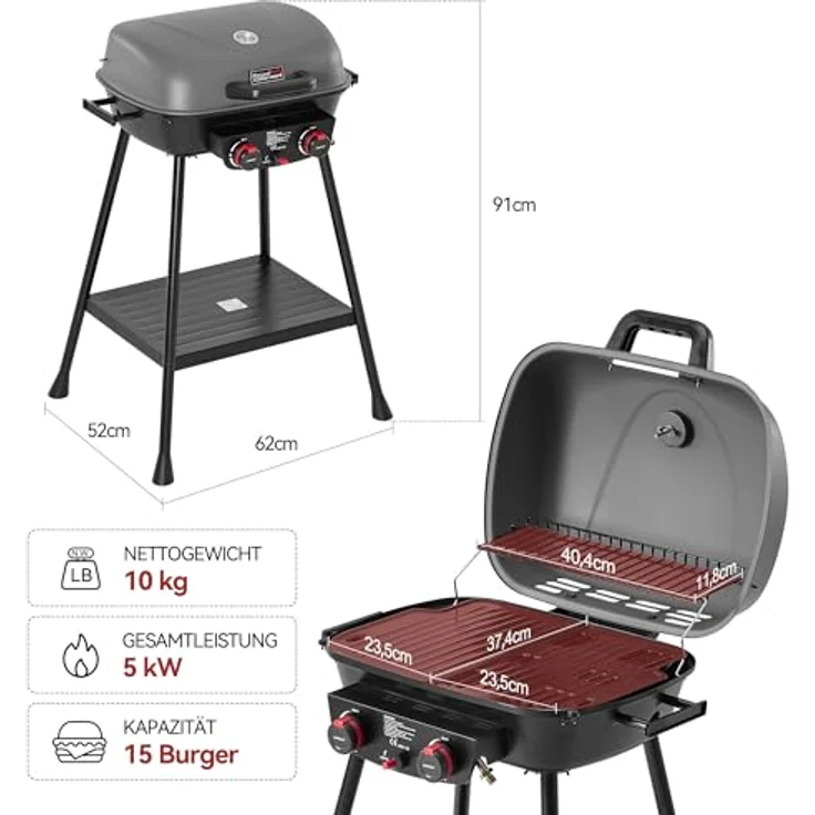 Royal Gourmet 2-Brenner Gasgrill, 5 kW Balkon-Picknick-Grill mit leicht demontierbarem Grillständer und praktischer Ablagefläche – Bild 3
