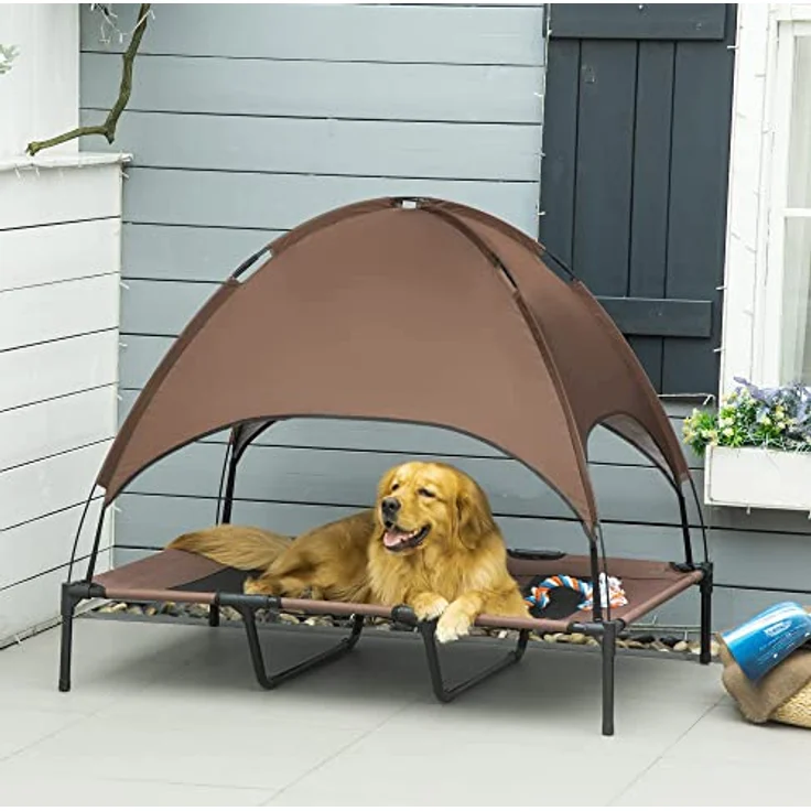 Pawhut Haustierbett mit Baldachin, Erhöhtes Hundebett, Hundeliege Outdoor mit Dach, Atmungsaktiv, Taftstoff Kaffee 122 x 92 x 108 cm – Bild 2