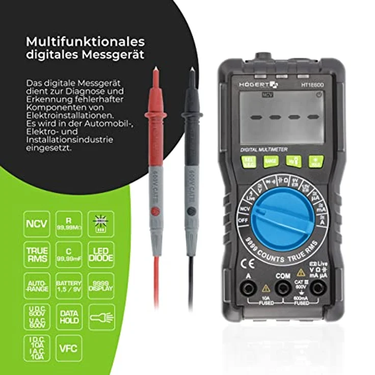 HÖGERT TECHNIK Digitales Multimeter HT203 mit TRUE RMS, NCV, VFC, LCD-Anzeige, 600 V Spannung, 10 A Strom, für Elektro, Kfz und Werkstatt – Bild 2