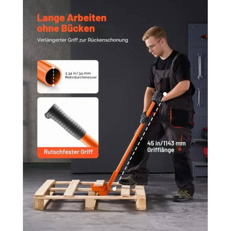 VEVOR Palettenbrecher 1120 mm, Palettenheber mit 907 kg Hebelwirkung, neigbarem Kopf, Handschuhen & Nagelzieher für Bodenbeläge, Rahmen und Gipskartonplatten – Bild 5