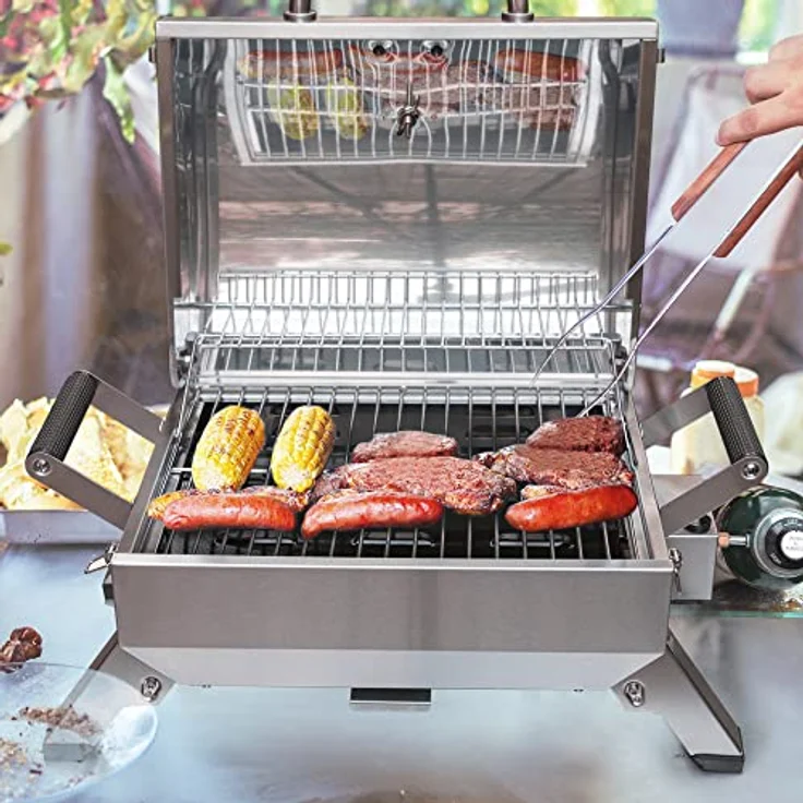 Royal Gourmet Edelstahl Tragbarer Gasgrill, Compact Tischgrill mit Zwei Griffen und Reiseschlössern, Klappbaren Beinen, 3 kW BBQ Campinggrill für Balkon, Picknick Silber – Bild 4