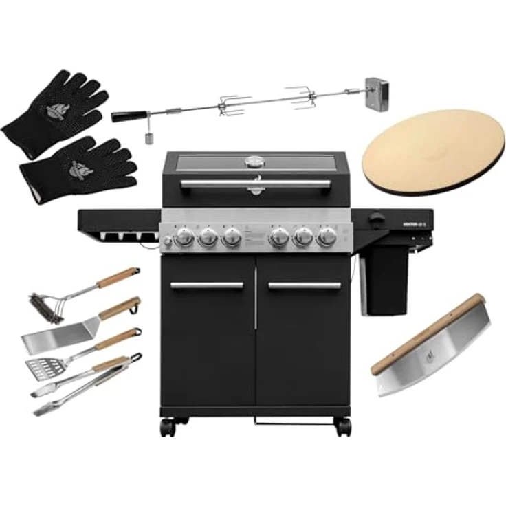 FEUERGOTT Gas-Grillstation Hektor 4B-S, 20,2 kW mit Pizzastein, Drehspieß, Infrarotbrenner, Heckbrenner und Abdeckhaube – Bild 1