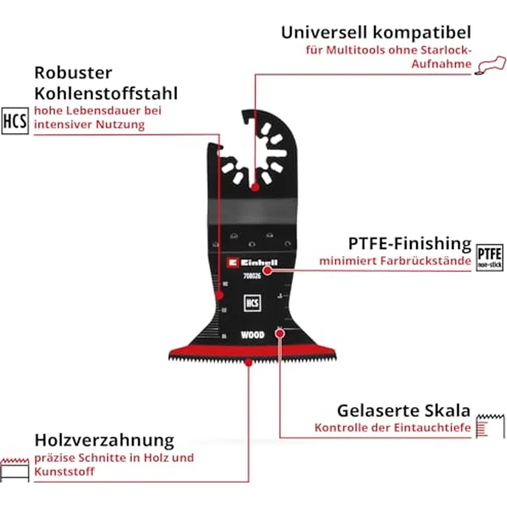 Einhell Tauchsägeblatt aus Kohlenstoffstahl, 65 mm Breite, 42 mm Eintauchtiefe, PTFE-Coating, gekrümmte Schneide, Schnellwechselfunktion für Hart-/Weichholz – Bild 2