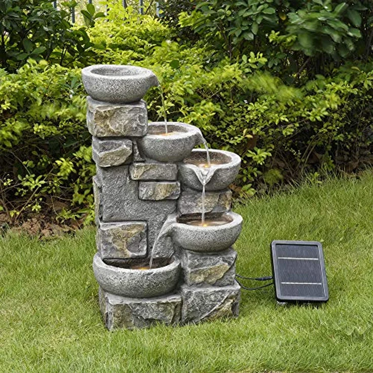 Teamson Home Solar-Wasserbrunnen aus Stein mit Ornamenten und LEDs PT-SF0003, 8 Liter Fassungsvermögen, 160 L/H Durchflussrate, 2M Kabellänge, Lithiumbatterie 7,4V/2000mA, 120V Spannung, 68,6 x 43,2 x 30,5 cm, für Innen- und Außenbereich geeignet, Batterie-Backup-Pack – Bild 2