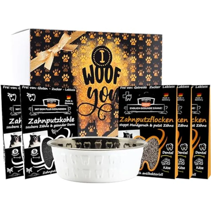 QCHEFS Glückskiste Schleckschüssel Hund Geschenk für Hunde Besitzer zu Weihnachten mit Natur Zahnpflege- auch gegen Zahnstein und Entzündungen