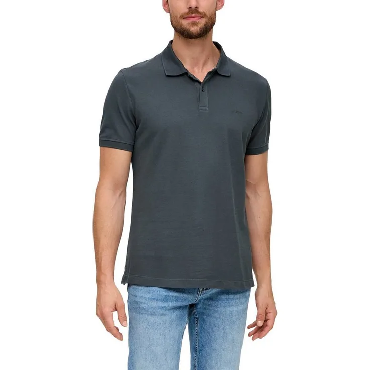 s.Oliver Poloshirt mit Logostickerei, Jersey Baumwolle, hüftlang, Rundhalsausschnitt