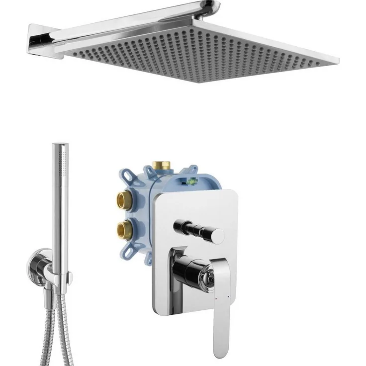 PaulGurkes Duscharmatur PGSETSIMPLEDU1, Unterputz Mischbatterie aus massivem Messing, verchromt, inkl. Kopf- und Handbrause, 2-Wege, 160 cm Brauseschlauch in Silber
