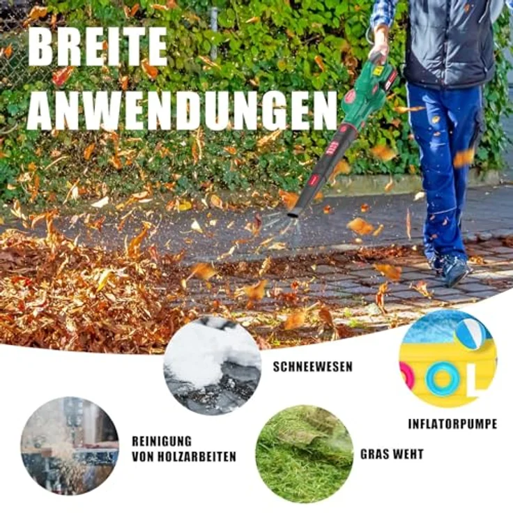 HYECHO Laubbläser 223 km/h, Akku 18V 4,0Ah mit 3 Aufblasdüsen, ergonomisch, Grün – Bild 2