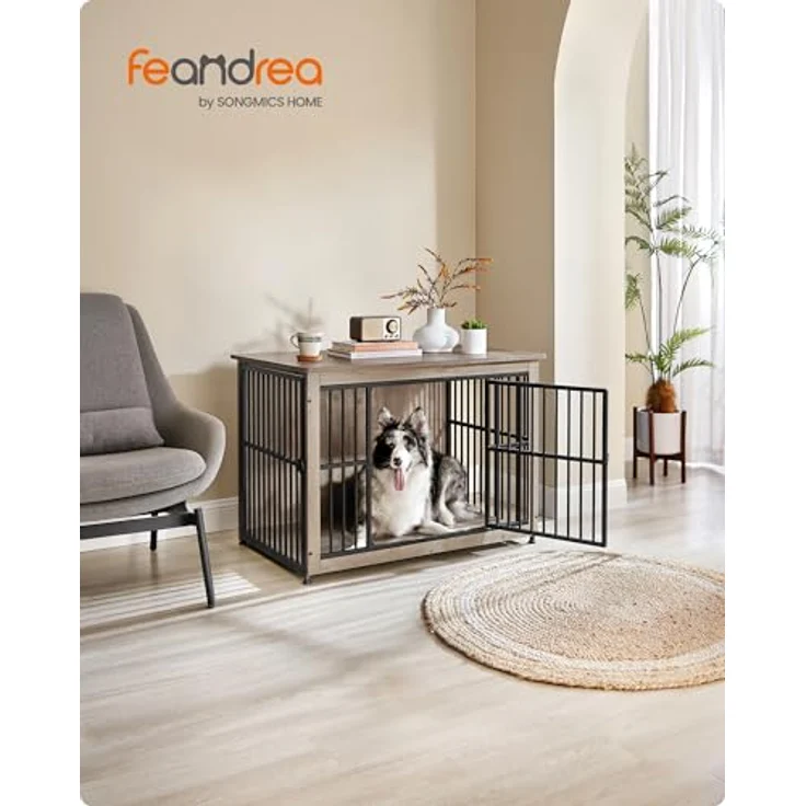 Feandrea Hundekäfig Möbel, Beistelltisch, Hundebox, Moderne Hundehütte Indoor für Hunde bis zu 32 kg, hochbelastbar, geschlossener Boden, Hundehaus 2 Türen, Greige meliert – Bild 2