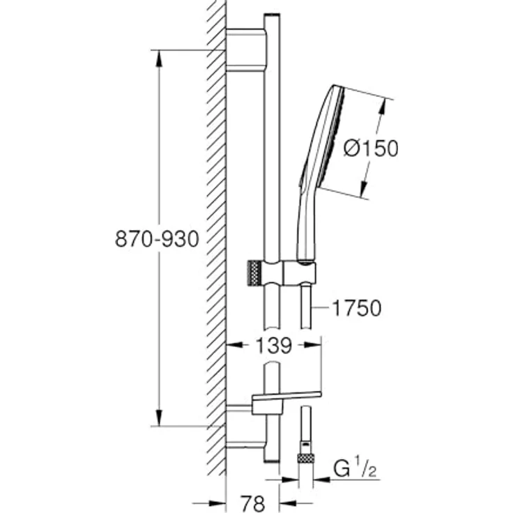 GROHE Rainshower SmartActive 150 Brausestangenset, Chrom, 3 Strahlarten, 900mm Brausestange, 1750mm Silverflex Schlauch, 8,5l/min Durchfluss – Bild 2