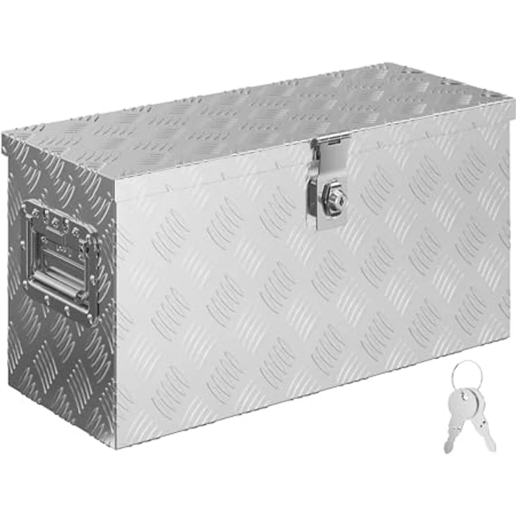 XPOtool Alu Kiste 60x25x30 cm, verschließbare Werkzeugbox aus Aluminium Riffelblech mit Deckelüberstand, inklusive 2 Schlüsseln, witterungsbeständig und stabil – Bild 1