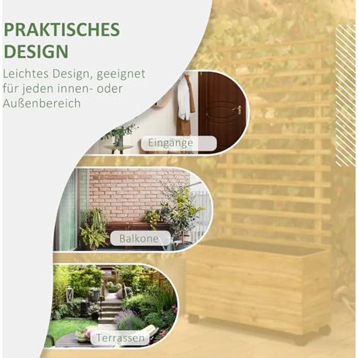 Outsunny Hochbeet Pflanzkasten mit Rankgitter, 76x30x155cm, Holz, mobil mit 4 Rollen, ideal für Kletterpflanzen und Blumen – Bild 3