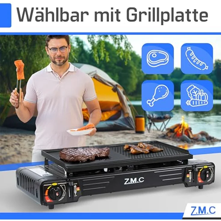 Z.M.C PREMIUM Camping Gaskocher 2-flammig mit Zündsicherung, incl. 8 Gaskartuschen 227g, Piezozündung und Windschutz für Outdoor und Innenraum – Bild 4