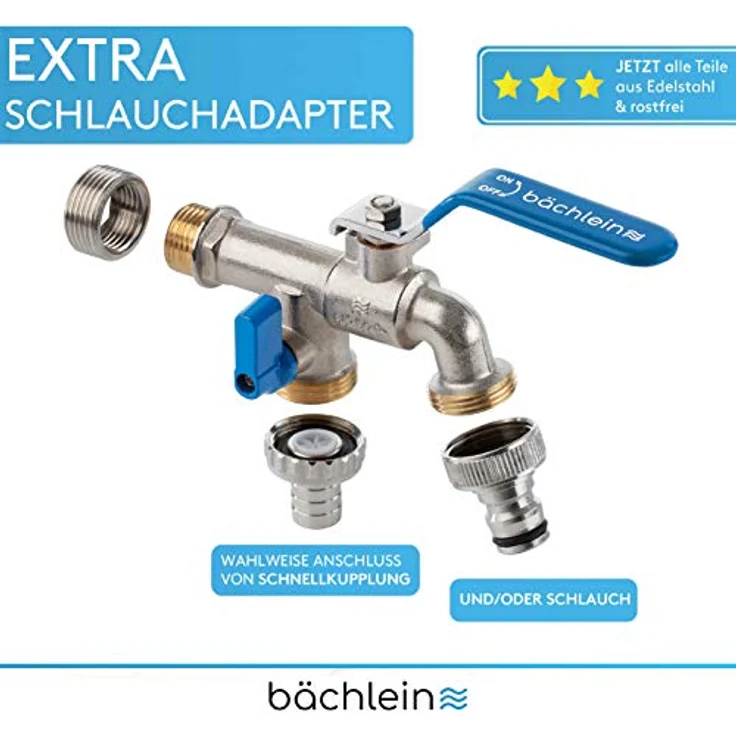 Bächlein Universal Doppel Auslaufhahn für den Garten [blau] inkl. 2 Schlauchanschlüssen - edler Doppelwasserhahn mit 1/2 und 3/4 Zoll Anschluss, Doppel Kugel-Auslaufventil – Bild 3