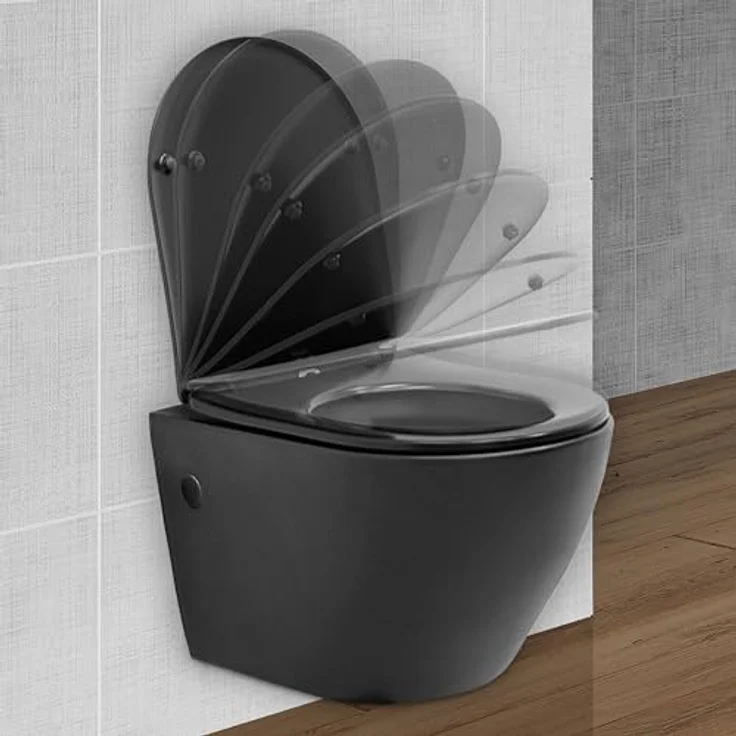 ECD Germany Spülrandloses Hänge WC schwarz matt mit WC-Sitz abnehmbar Duroplast Softclose Absenkautomatik, Wand-WC Tiefspüler verlängerte Ausladung 52 cm, Design Toilette Sanitärkeramik, Tiefspül-WC – Bild 3