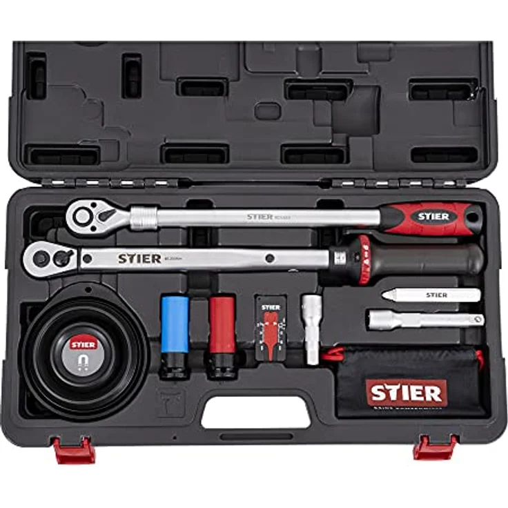 STIER Rad-Montage-Set 1/2'' Drehmomentschlüssel, 40-200 Nm, im stabilen Koffer, extra hohe Auslösegenauigkeit, Verlängerungen für Tiefbettfelgen – Bild 4