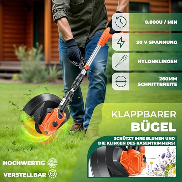 MASKO Akku-Rasentrimmer mit 20 V Li-Akku, 2,0 Ah Akku und Ladegerät, Motorsense 26 cm Schnittkreis, 180° Trimmwinkel, Teleskop-Stiel & Zusatzhandgriff, inkl. 20 Messer Kunststoffklinge Orange – Bild 3