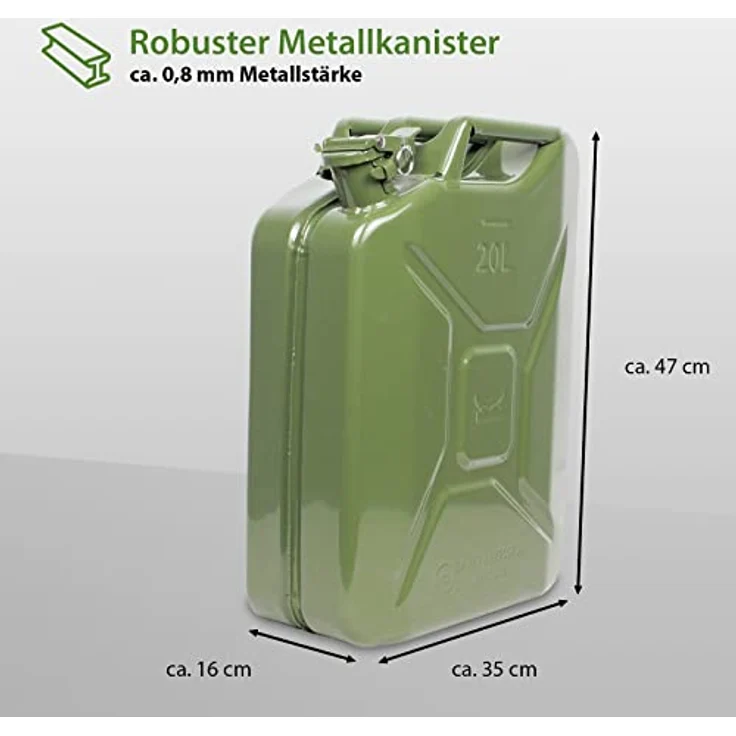 Baumarktplus Benzinkanister Kraftstoffkanister Metall 20 Liter Oliv inkl. Ausgießer + Halter – Bild 4