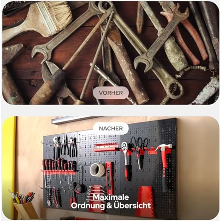 Arebos Werkzeugwand 3-teilige Lochwand Werkstatt, 17-teiliges Hakenset & Halterungen, stabile Metallkonstruktion 117,6 x 59,5 x 2 cm, rot – Bild 3