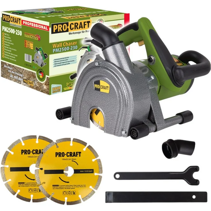 PRO CRAFT PM2500-230 Mauernutfräse 1700 Watt, Schnitttiefe 45 mm, inkl. 2 Trennscheiben und Staubsaugeranschluss